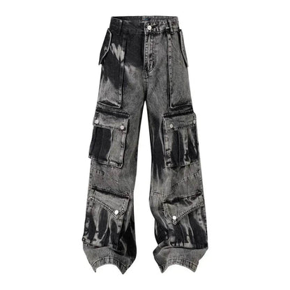 Street Retro Washed Distressed Tie-dye Multi-pocket Denim Trouser Unisex Baggy Cargo Denim Jeans Pants - www.Shopthatapp.com #
