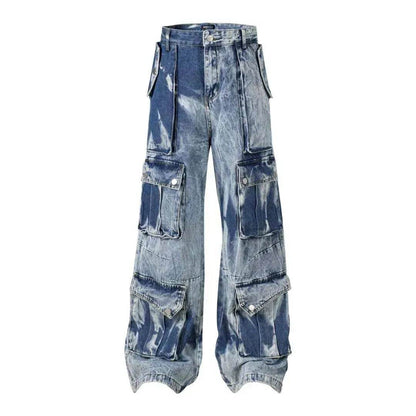 Street Retro Washed Distressed Tie-dye Multi-pocket Denim Trouser Unisex Baggy Cargo Denim Jeans Pants - www.Shopthatapp.com #