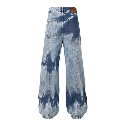 Street Retro Washed Distressed Tie-dye Multi-pocket Denim Trouser Unisex Baggy Cargo Denim Jeans Pants - www.Shopthatapp.com #