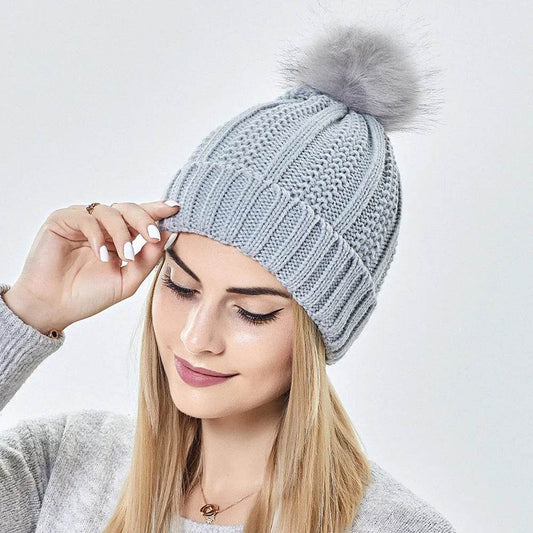 Stretchy Satin Lined Skull Knit  Faux Fur Pom Pom Beanie Hat - www.Shopthatapp.com #