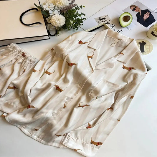 Striped Sausage Dog Pajamas For Women Simple Homewear - www.Shopthatapp.com
