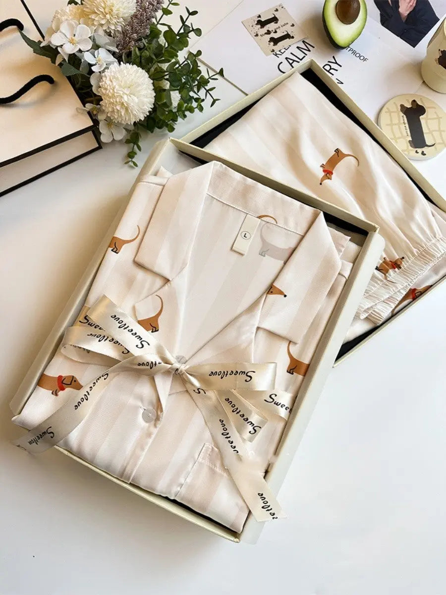 Striped Sausage Dog Pajamas For Women Simple Homewear - www.Shopthatapp.com