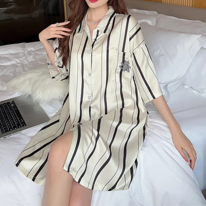 Striped Shirt Dress Short Sleeve Plus Size Loose Pajamas For Women - www.Shopthatapp.com