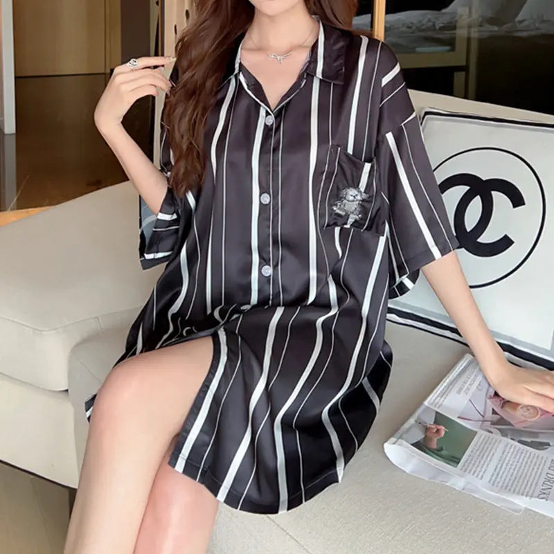 Striped Shirt Dress Short Sleeve Plus Size Loose Pajamas For Women - www.Shopthatapp.com