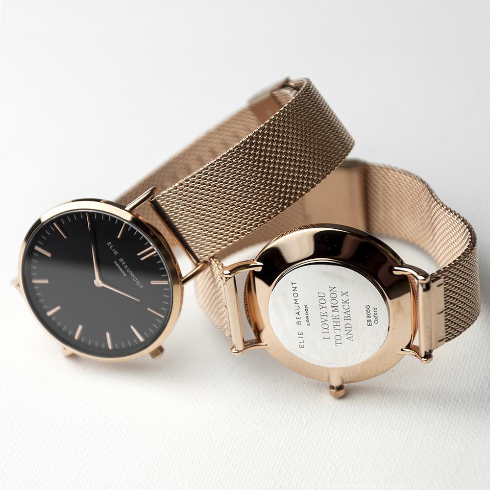 Stunning Rose Gold Mesh Strapped Watch With Black Dial Personalised - www.Shopthatapp.com