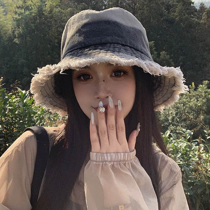 Summer Denim Bucket Hat for women Distressed Sun-proof Face-showing Small Hat - www.Shopthatapp.com #