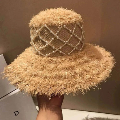 Summer Raffia Straw Hat Hand-stitched Pearl Hat - www.Shopthatapp.com #