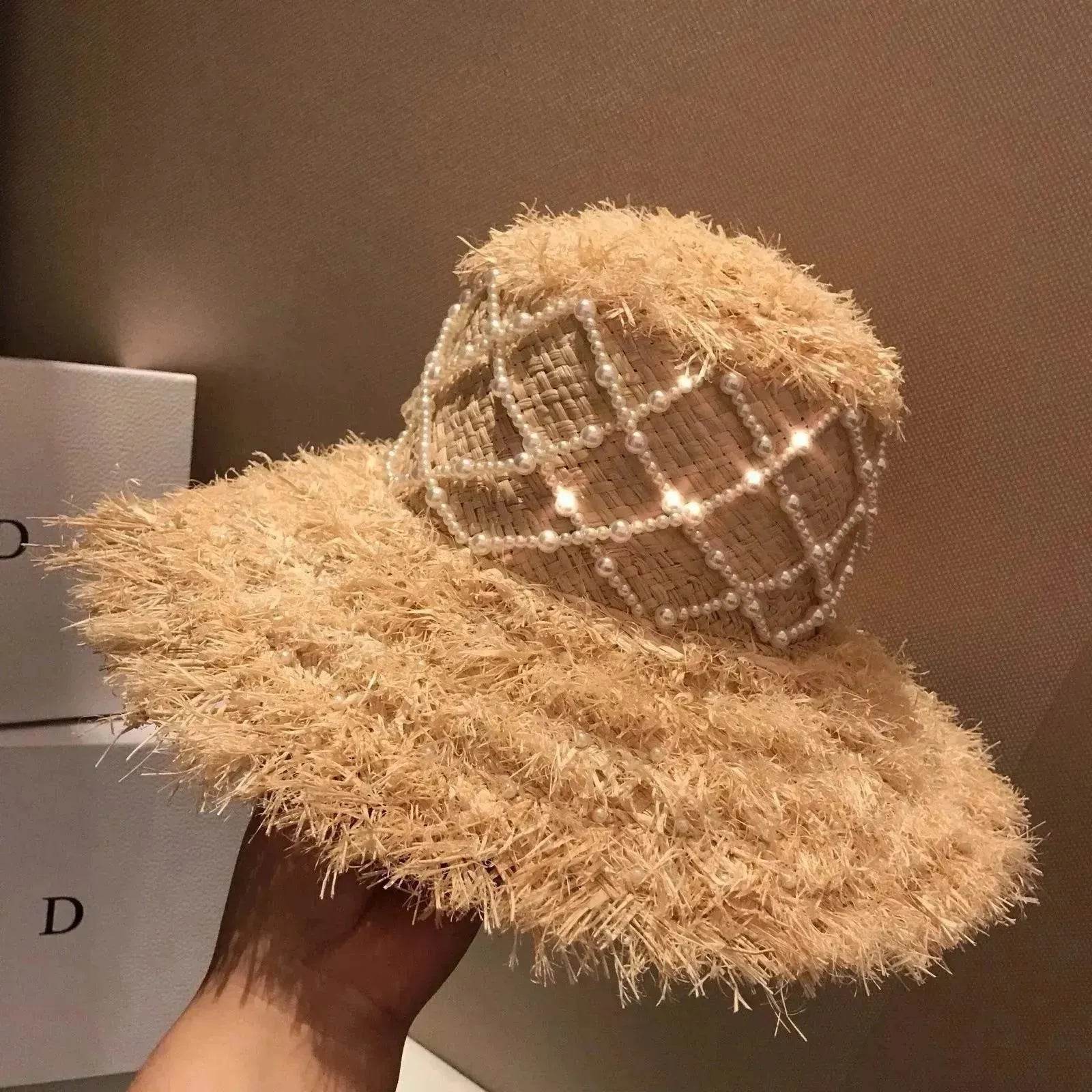 Summer Raffia Straw Hat Hand-stitched Pearl Hat - www.Shopthatapp.com #