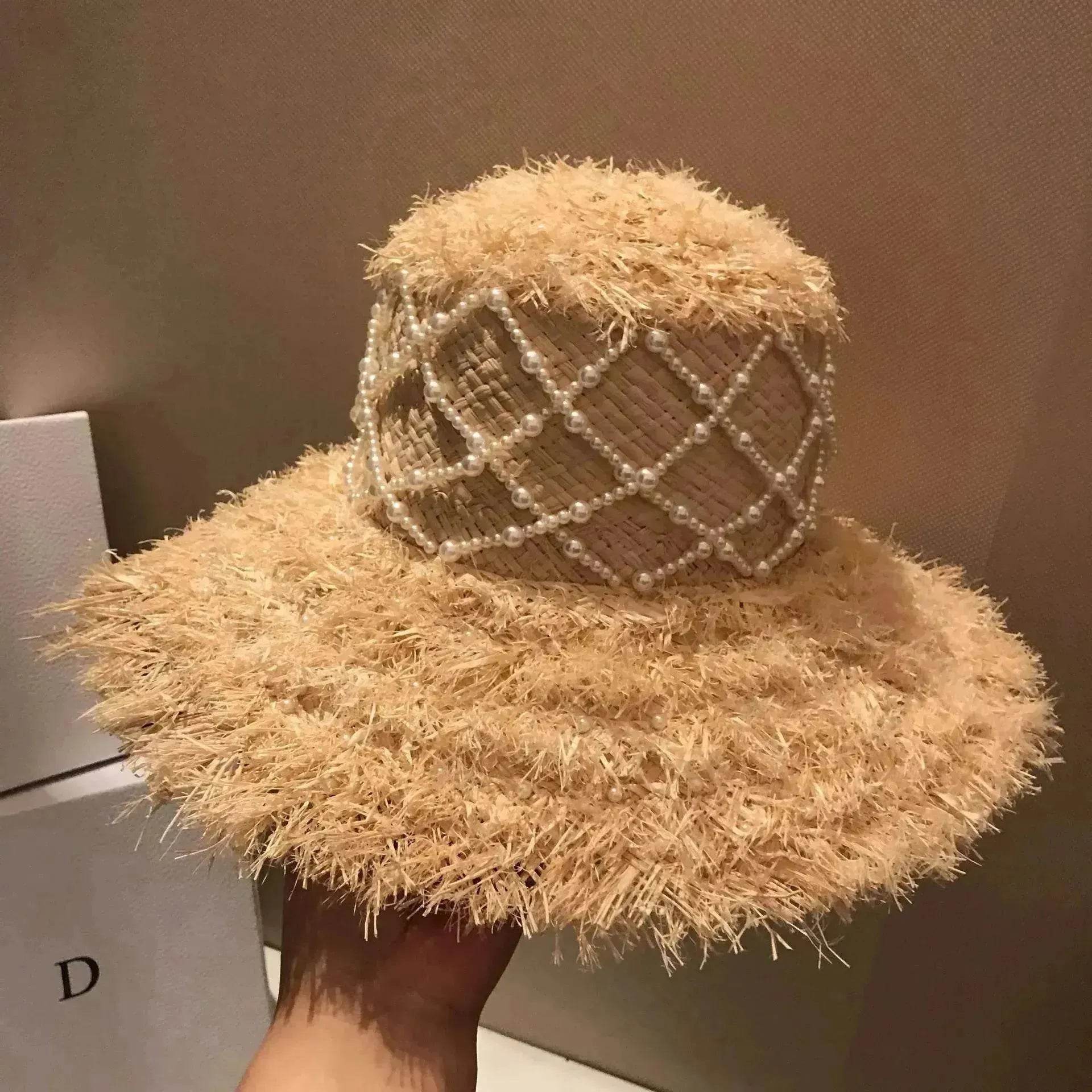 Summer Raffia Straw Hat Hand-stitched Pearl Hat - www.Shopthatapp.com #