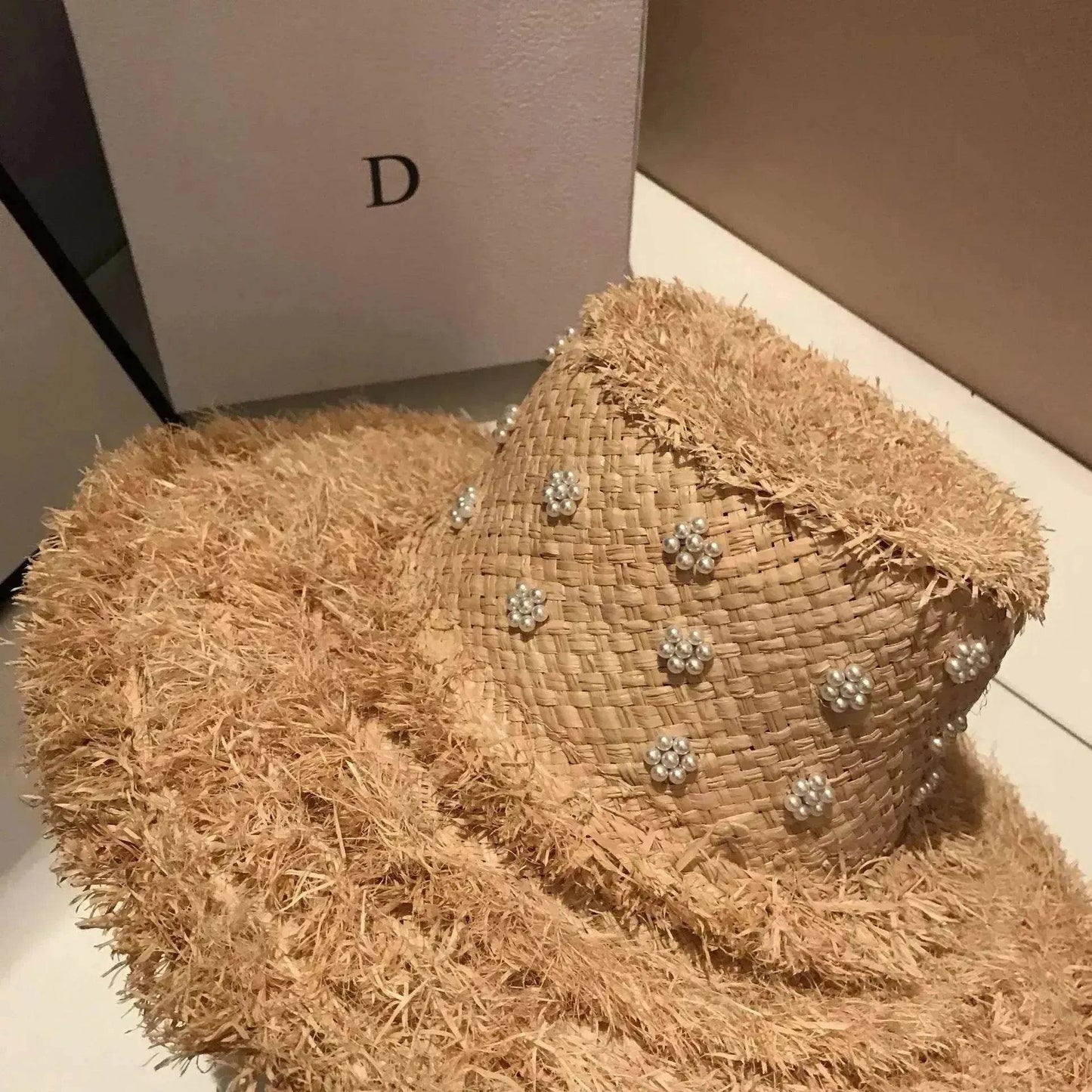 Summer Raffia Straw Hat Hand-stitched Pearl Hat - www.Shopthatapp.com #