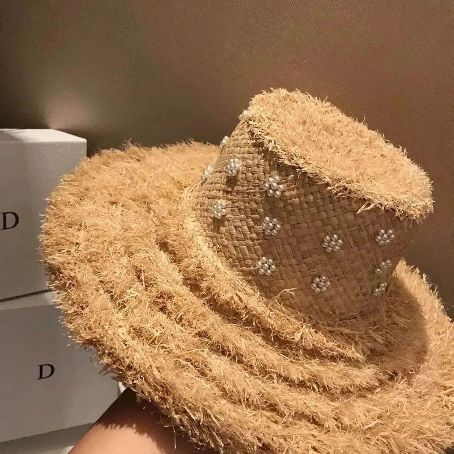 Summer Raffia Straw Hat Hand-stitched Pearl Hat - www.Shopthatapp.com #