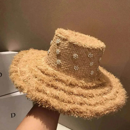 Summer Raffia Straw Hat Hand-stitched Pearl Hat - www.Shopthatapp.com #