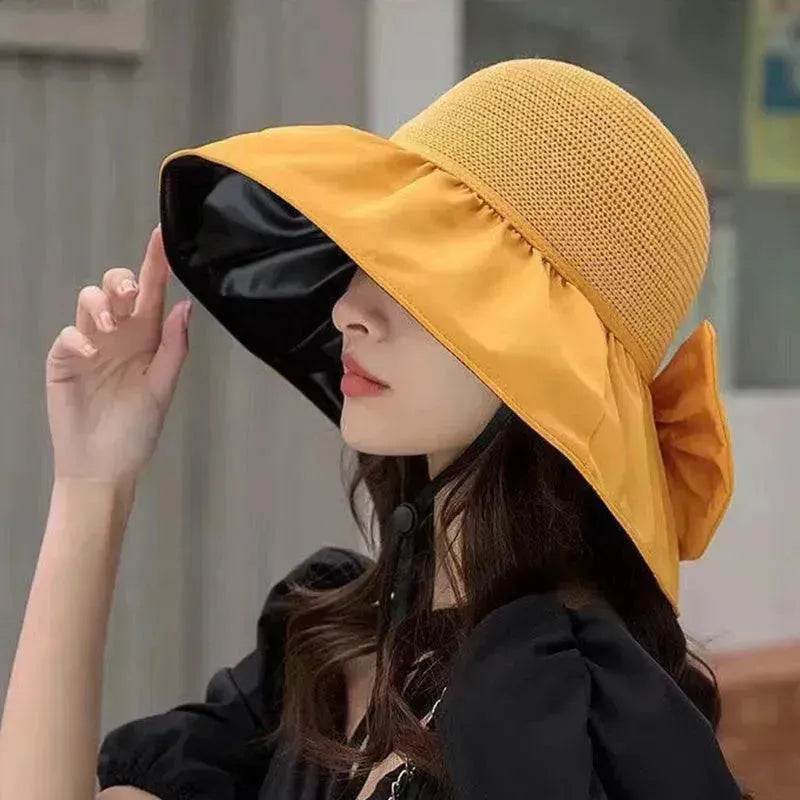 Summer Straw Sunhat With Large Brim And Big Bow Anti-UV Fisherman Hat Outdoor Sunshade And Face Protection Hat - www.Shopthatapp.com #