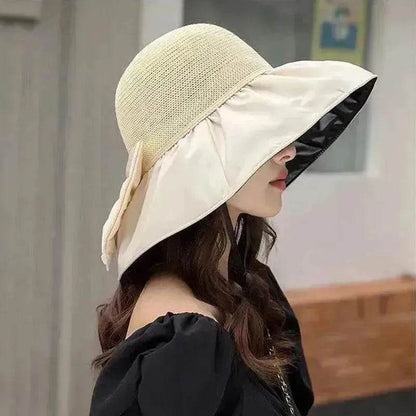 Summer Straw Sunhat With Large Brim And Big Bow Anti-UV Fisherman Hat Outdoor Sunshade And Face Protection Hat - www.Shopthatapp.com #