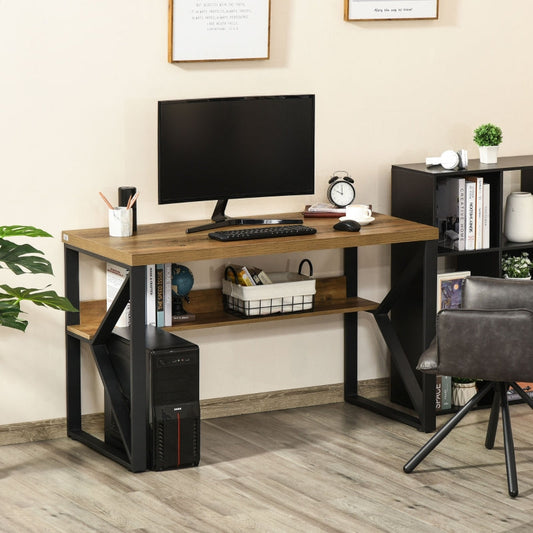 Bureau d'ordinateur avec étagère de rangement, cadre en acier noir et marron
