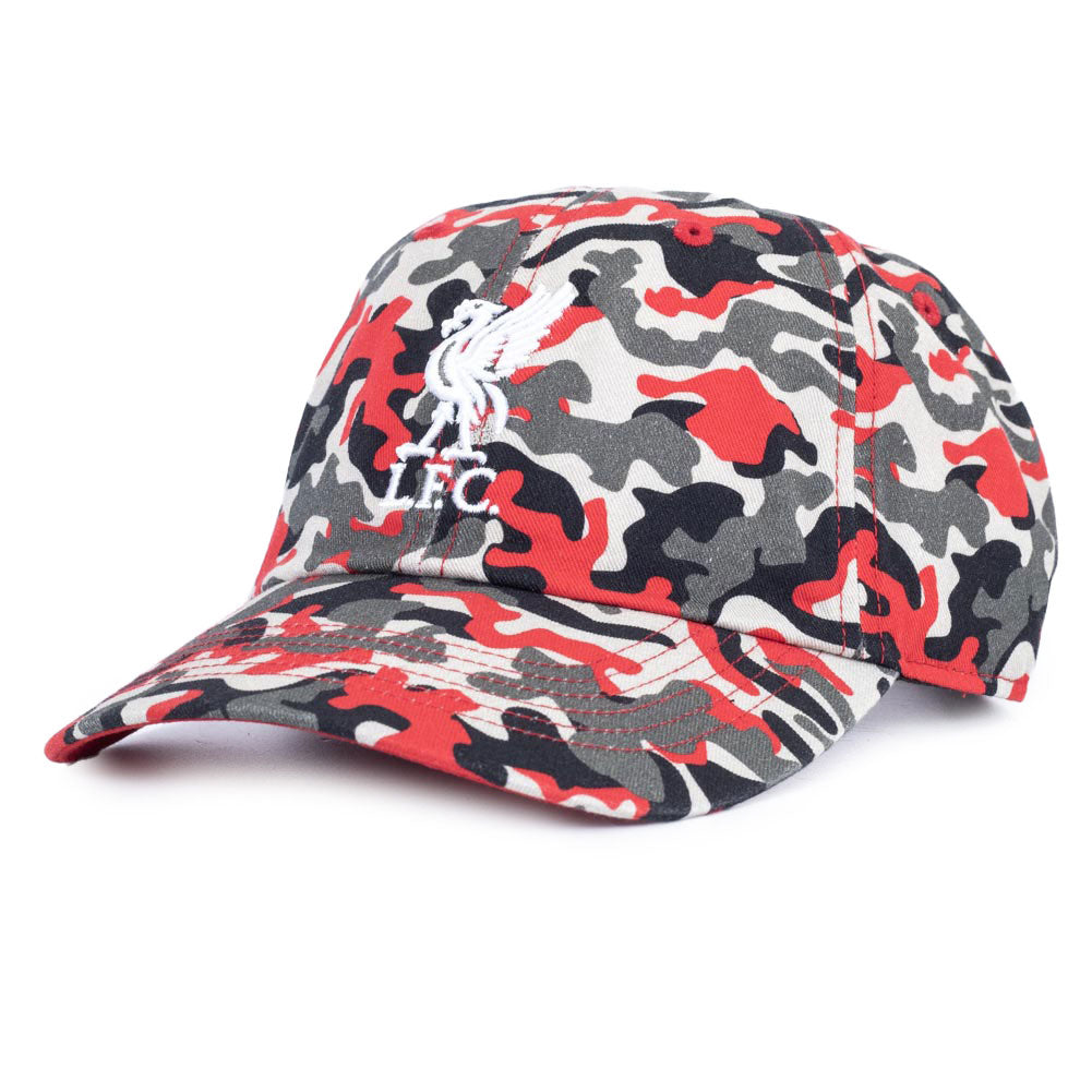 Red and grey camo Liverpool FC cap with curved brim and white Liverbird embroidery.