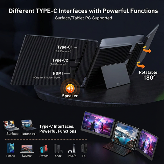 TUTT 14” FHD Portable Monitor – S3 Triple Screen Extender, IPS, Built-in Stand & Speakers | All Devices (H5 Converter Cable Included) - www.Shopthatapp.com