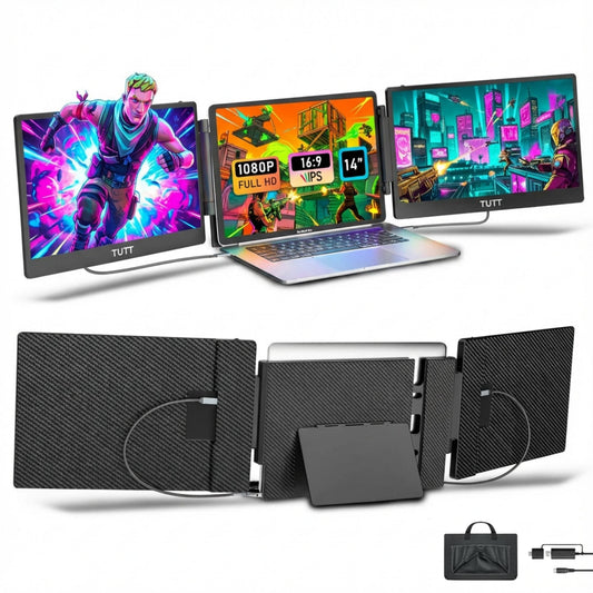 TUTT 14” FHD Portable Monitor – S3 Triple Screen Extender, IPS, Built-in Stand & Speakers | All Devices (H5 Converter Cable Included) - www.Shopthatapp.com