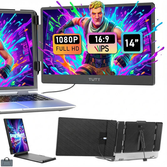 TUTT 14” Single Portable Monitor, Dual Screen Extender, Built-in Stand and Speakers, All Devices, S1 - www.Shopthatapp.com