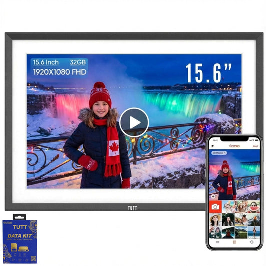 TUTT 15.6” Digital Photo Frame | WiFi Touch Screen Internal 32 GB | Frameo App | Tabletop or Wall-Mounted | 128GB Micro SD + Reader (Optional) - www.Shopthatapp.com