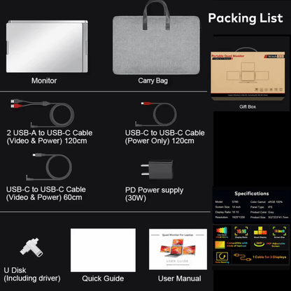 TUTT 14” Triple Portable Monitor | Single Cable Setup 16:10 Ratio | Laptop Quad Screen Extender | S780