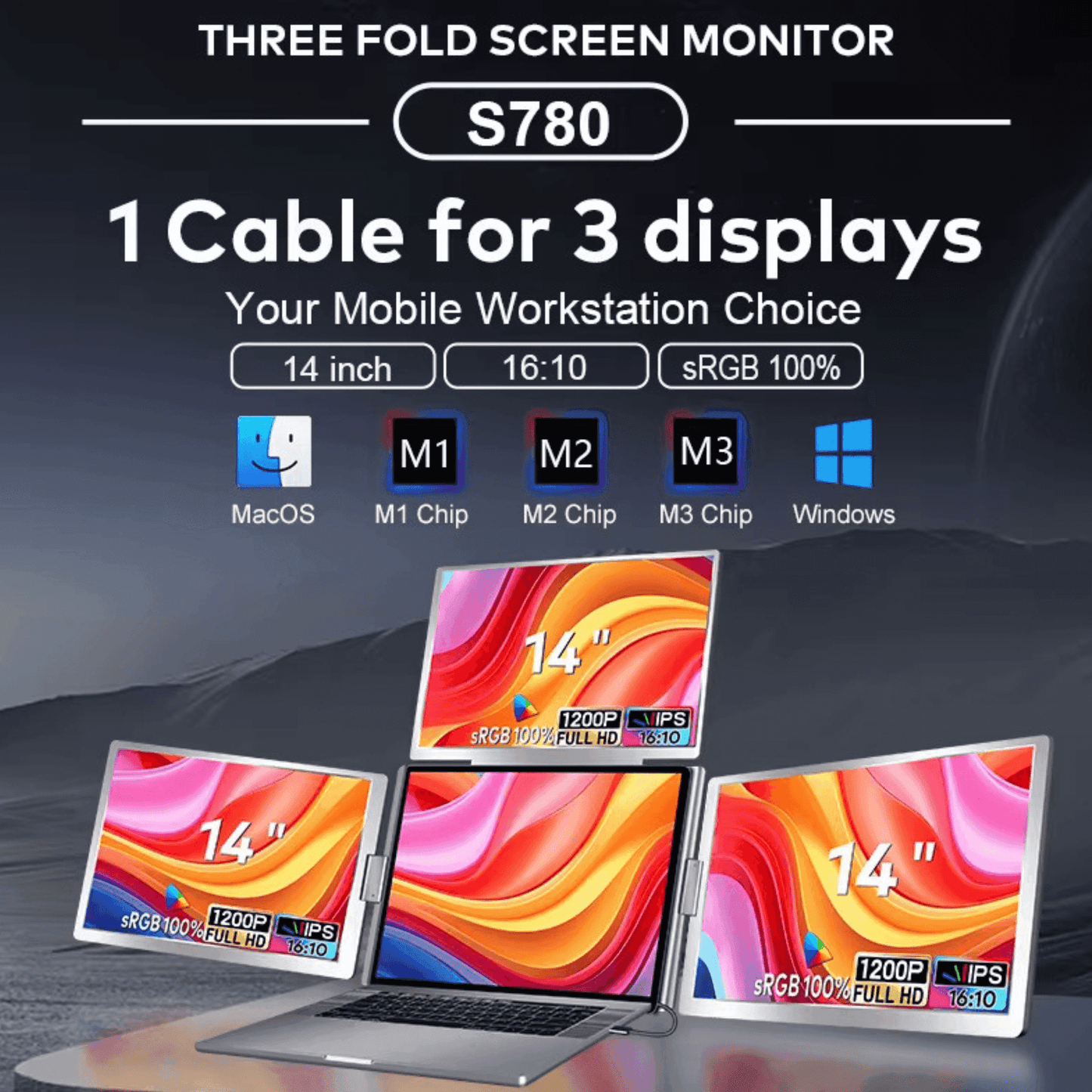 TUTT 14” Triple Portable Monitor | Single Cable Setup 16:10 Ratio | Laptop Quad Screen Extender | S780