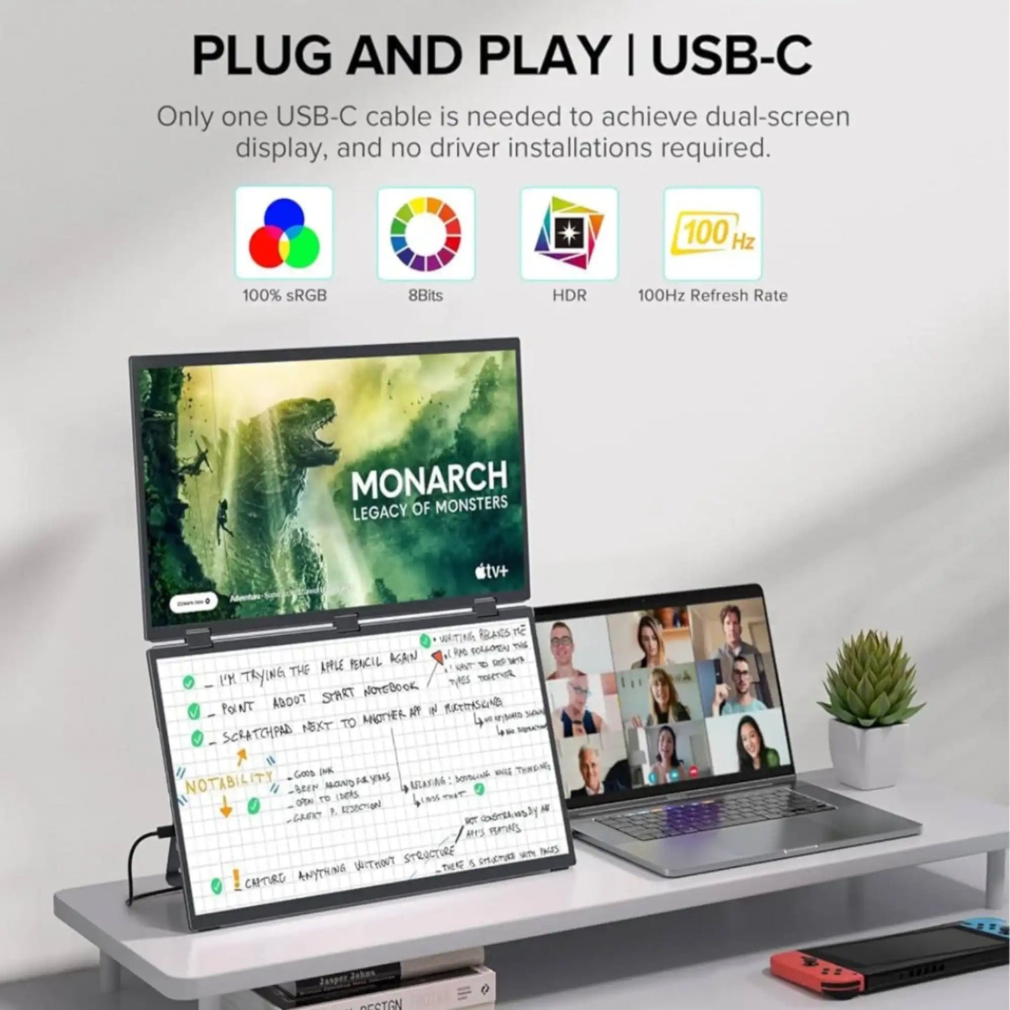 TUTT 18.5” Portable Monitor Dual-Screen E28 | 100Hz | IPS | USB-C & HDMI | No Driver