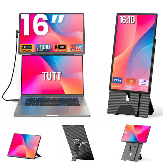 TUTT 16" Laptop Screen Extender with Stand 16:10 Ratio USB-C/HDMI + Speaker | Multiple Position Portable Monitor | Reverse Charging Plug-Play for Mac/OS/Wins/Chrome/Dex N2