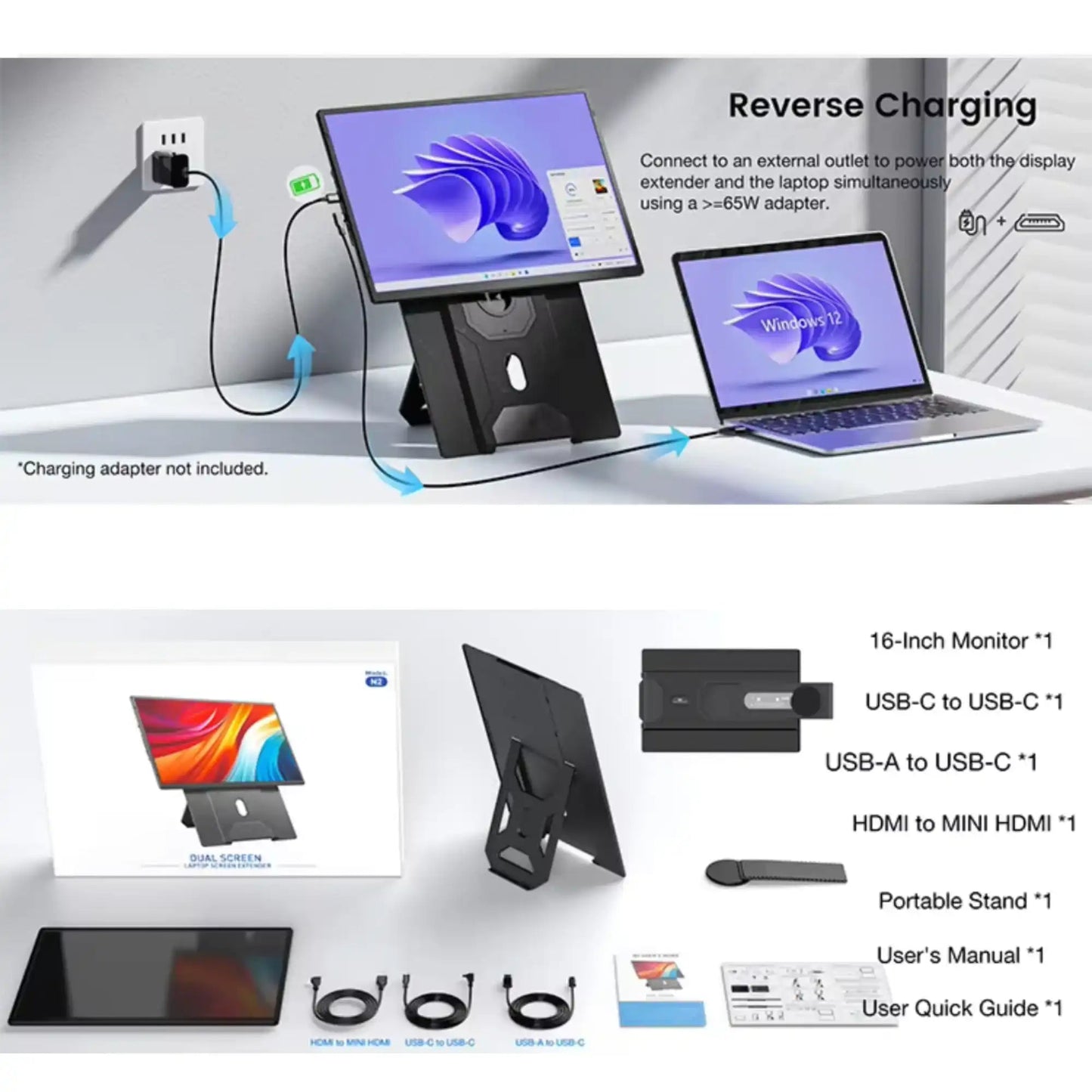 TUTT 16" Laptop Screen Extender with Stand 16:10 Ratio USB-C/HDMI + Speaker | Multiple Position Portable Monitor | Reverse Charging Plug-Play for Mac/OS/Wins/Chrome/Dex N2