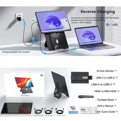 TUTT 16" Laptop Screen Extender with Stand 16:10 Ratio USB-C/HDMI + Speaker | Multiple Position Portable Monitor | Reverse Charging Plug-Play for Mac/OS/Wins/Chrome/Dex N2