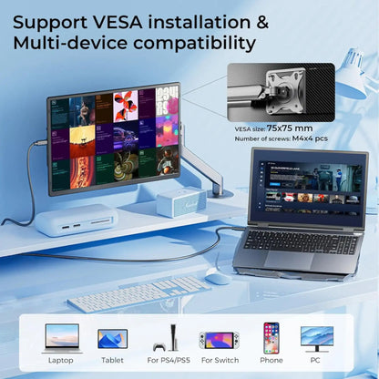 TUTT 16" Laptop Screen Extender with Stand 16:10 Ratio USB-C/HDMI + Speaker | Multiple Position Portable Monitor | Reverse Charging Plug-Play for Mac/OS/Wins/Chrome/Dex N2