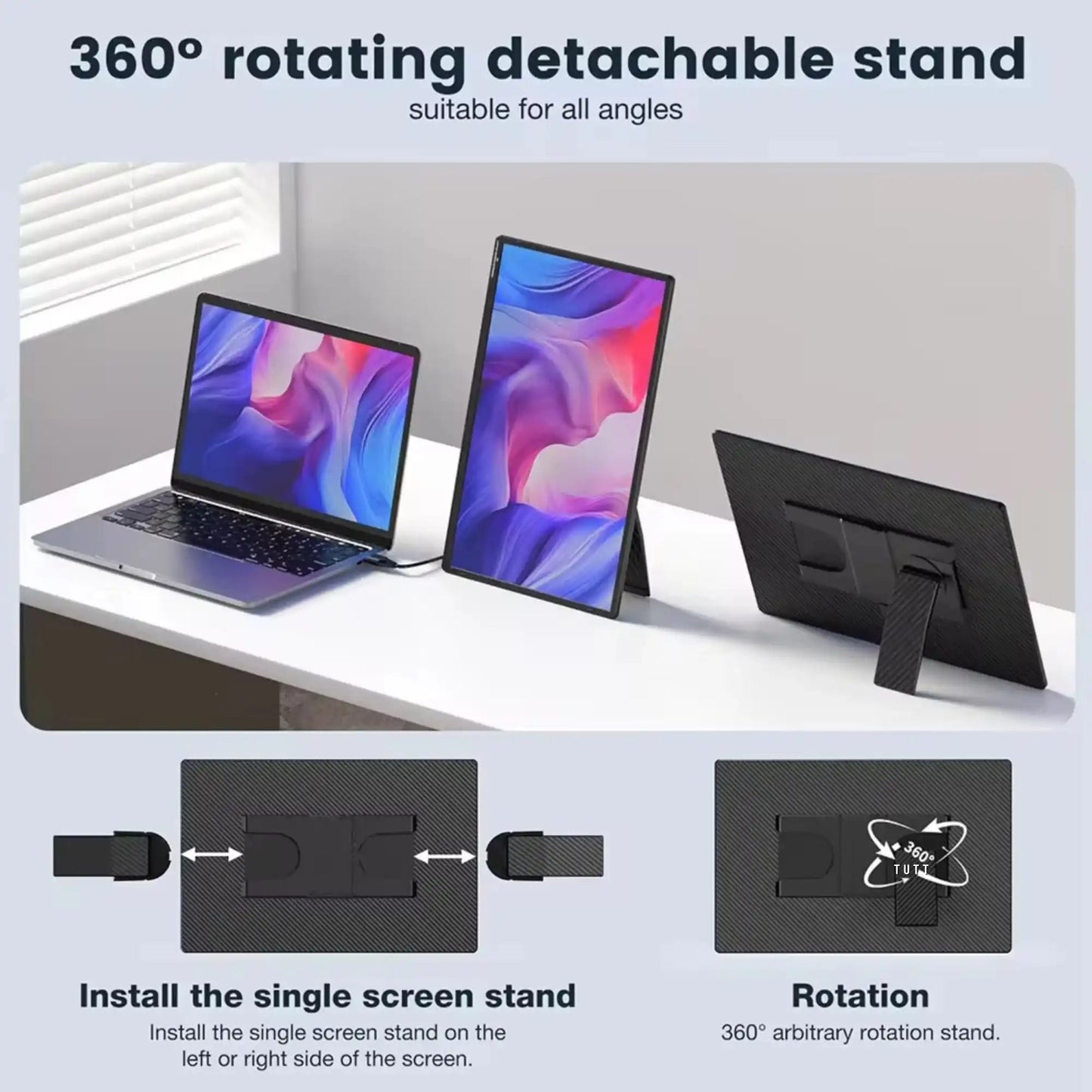 TUTT 16” Portable Monitor FHD | Ultra-Thin 16:10 Ratio | 360° Rotating Stand | USB-C & HDMI | Gaming Monitor for PC MAC Computer Switch Phone Xbox PS4/5 N3