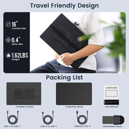 TUTT 16” Portable Monitor FHD | Ultra-Thin 16:10 Ratio | 360° Rotating Stand | USB-C & HDMI | Gaming Monitor for PC MAC Computer Switch Phone Xbox PS4/5 N3