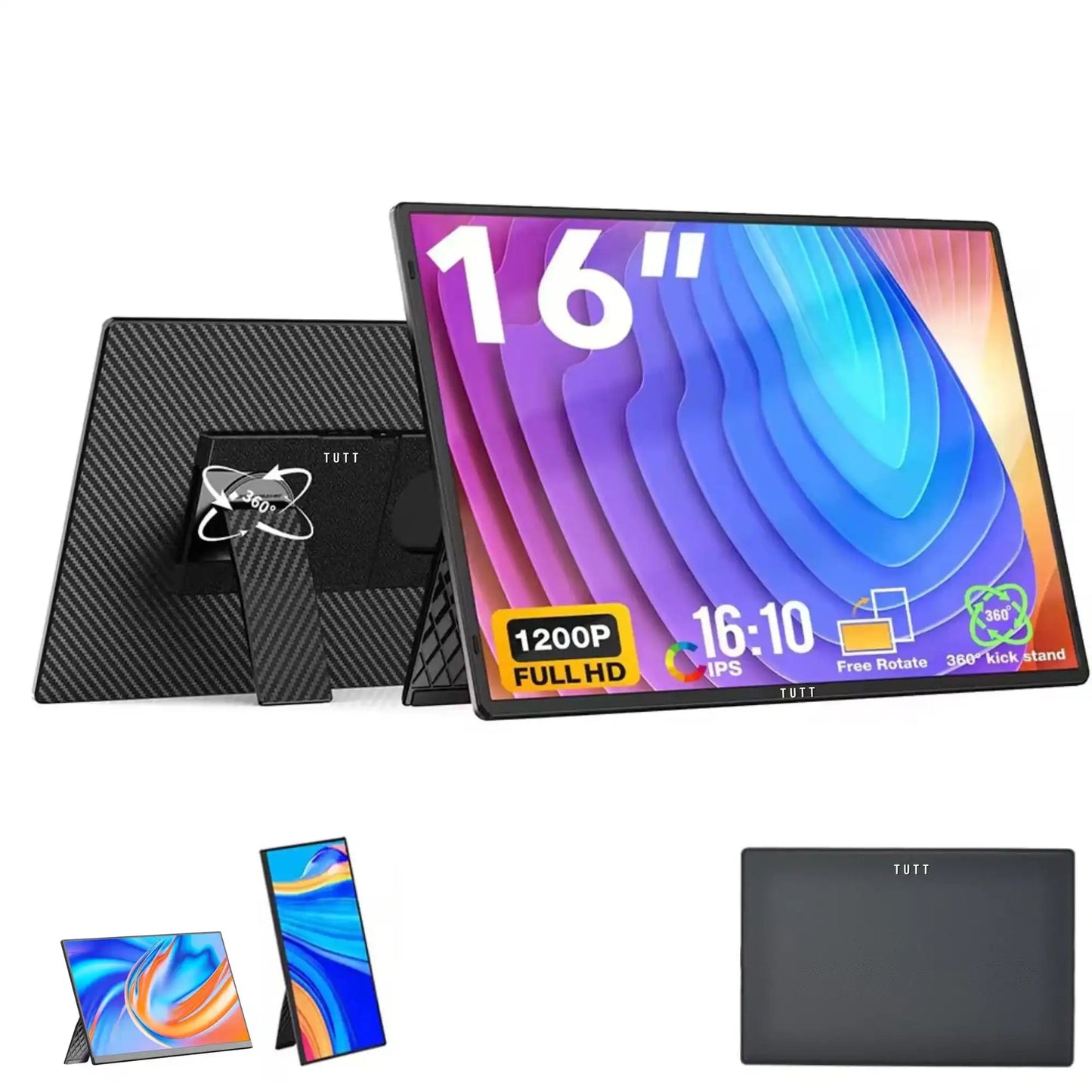 TUTT 16” Portable Monitor FHD | Ultra-Thin 16:10 Ratio | 360° Rotating Stand | USB-C & HDMI | Gaming Monitor for PC MAC Computer Switch Phone Xbox PS4/5 N3