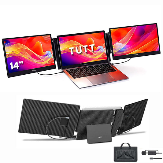 TUTT 14” FHD Portable Monitor – S3 Triple Screen Extender, IPS, Built-in Stand & Speakers | All Devices Compatible with Converter Cable (H5 Included) - www.Shopthatapp.com