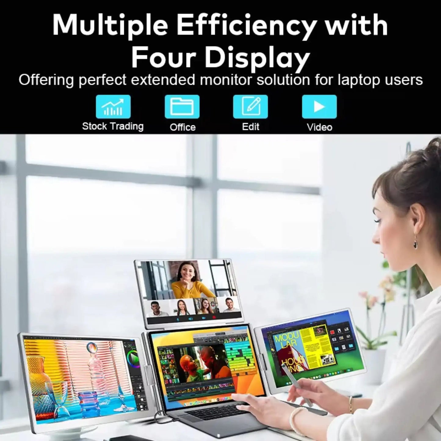 TUTT 16” Triple Screen Portable Monitor For Laptop 12”-18.5” | Single Cable Setup | 16:10 IPS | Quad Screen Extender | Stand-Alone for Mac & Windows S788