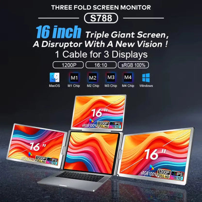 TUTT 16” Triple Screen Portable Monitor For Laptop 12”-18.5” | Single Cable Setup | 16:10 IPS | Quad Screen Extender | Stand-Alone for Mac & Windows S788