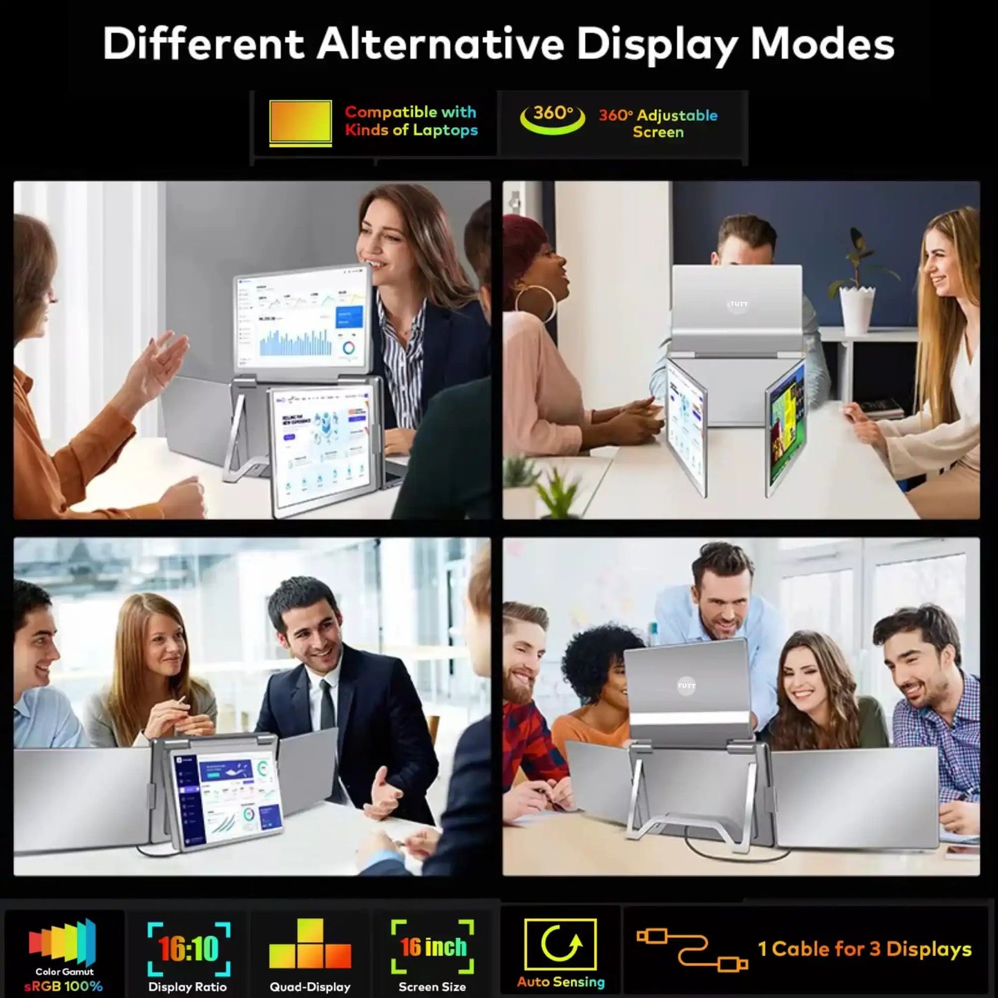 TUTT 16” Triple Screen Portable Monitor For Laptop 12”-18.5” | Single Cable Setup | 16:10 IPS | Quad Screen Extender | Stand-Alone for Mac & Windows S788