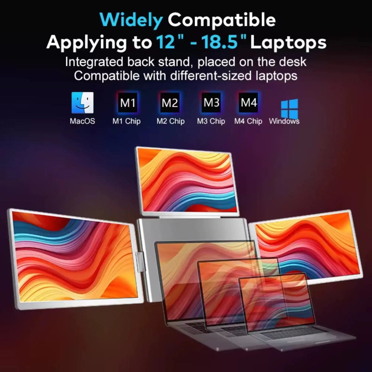 TUTT 16” Triple Screen Portable Monitor For Laptop 12”-18.5” | Single Cable Setup | 16:10 IPS | Quad Screen Extender | Stand-Alone for Mac & Windows S788