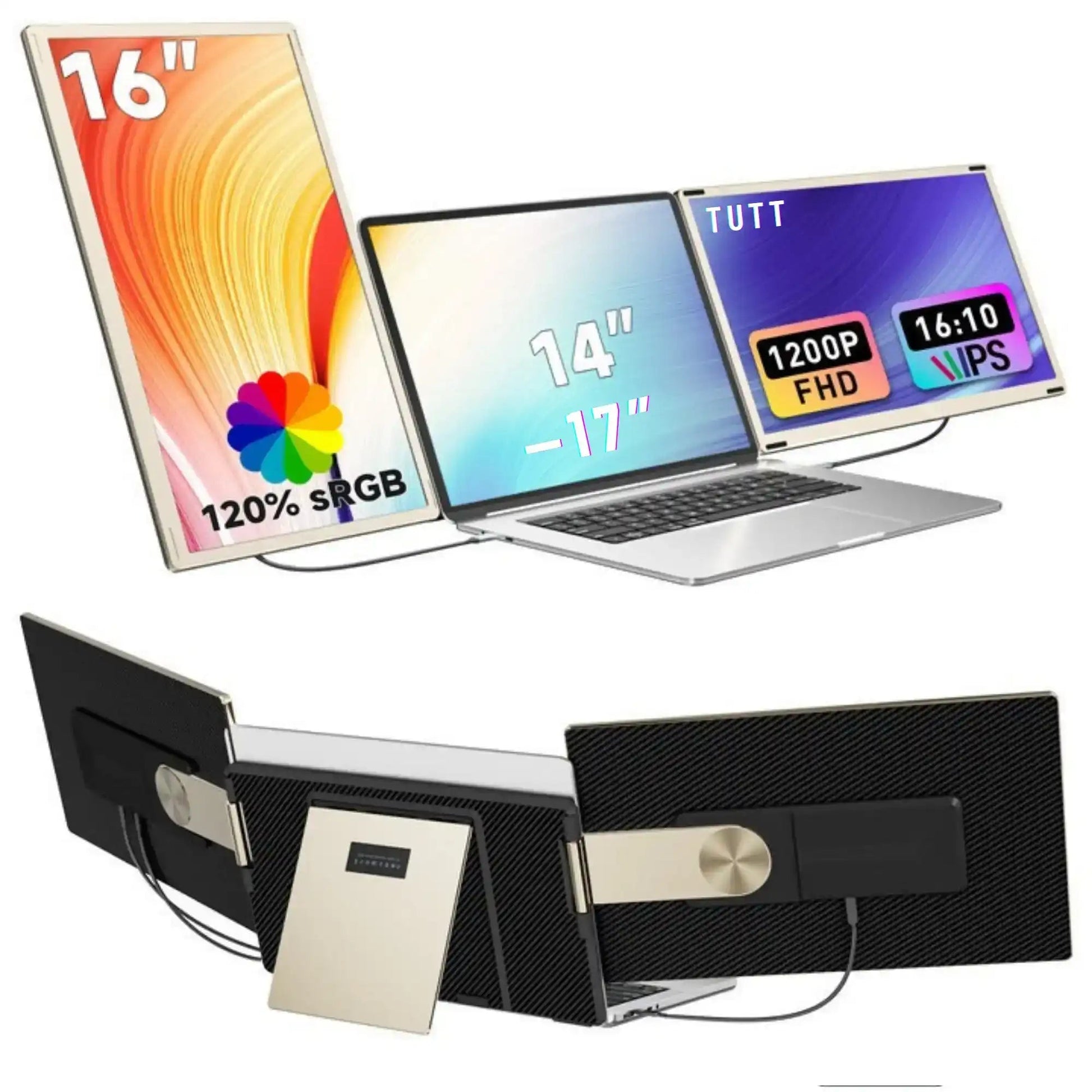 TUTT 16” FHD Portable Monitor 16:10 Aspect Ratio | Triple Laptop Screen Extender | USB-C/HDMI 7 Viewing Modes | All Devices Compatible with Converter Cable (H5 Included) S7 Pro - www.Shopthatapp.com