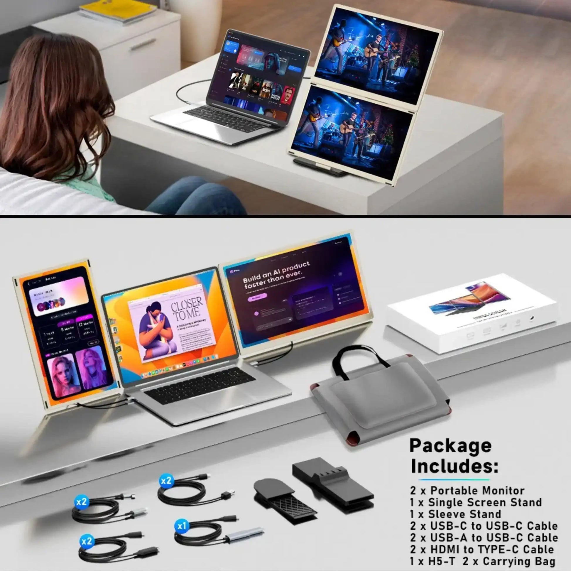 TUTT 16” FHD Portable Monitor 16:10 Aspect Ratio | Triple Laptop Screen Extender | USB-C/HDMI 7 Viewing Modes | All Devices Compatible with Converter Cable (H5 Included) S7 Pro - www.Shopthatapp.com