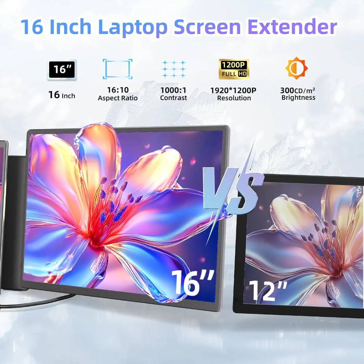 TUTT 16” FHD Portable Monitor 16:10 Aspect Ratio | Triple Laptop Screen Extender | USB-C/HDMI 7 Viewing Modes | All Devices Compatible with Converter Cable (H5 Included) S7 Pro