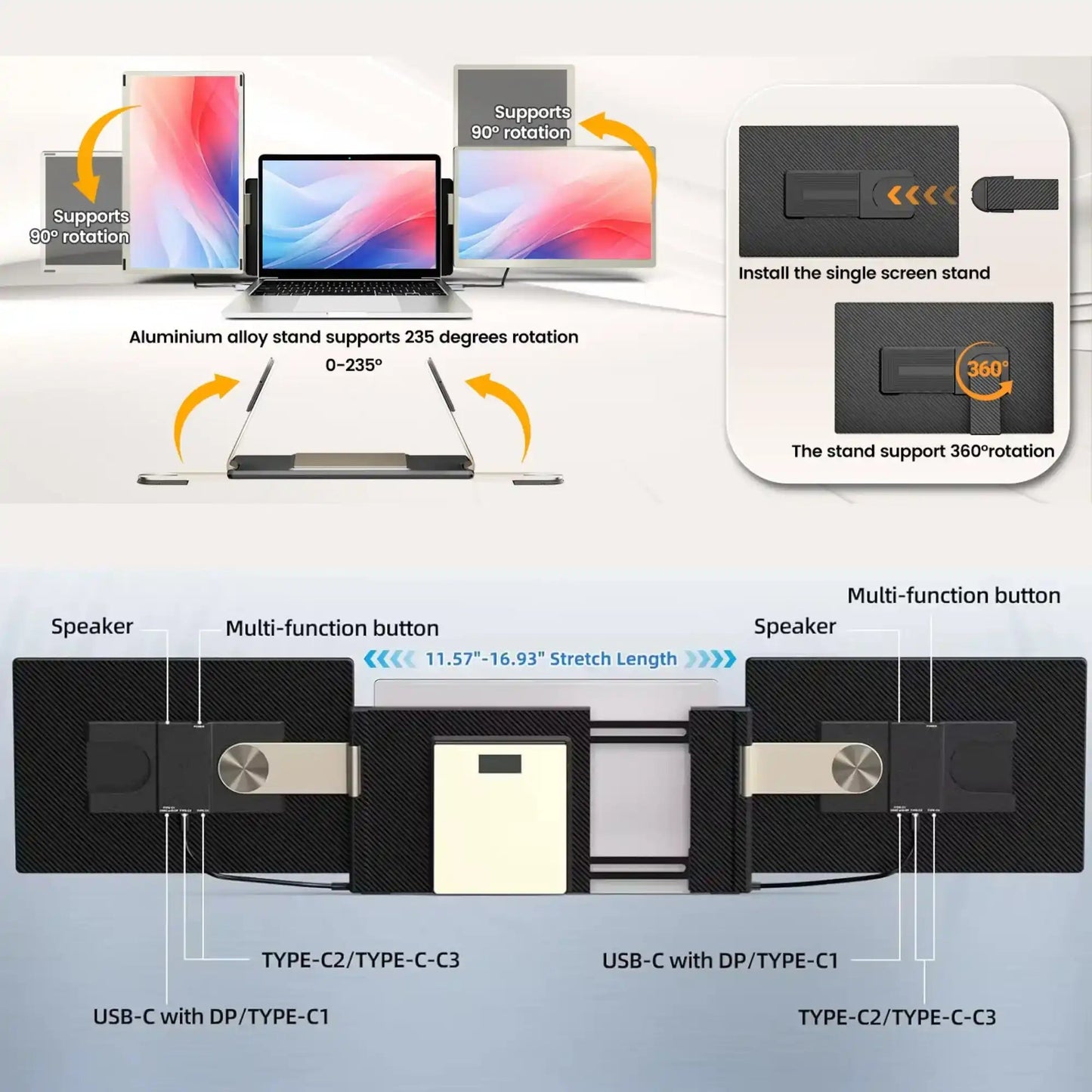 TUTT 16” FHD Portable Monitor 16:10 Aspect Ratio | Triple Laptop Screen Extender | USB-C/HDMI 7 Viewing Modes | All Devices Compatible with Converter Cable (H5 Included) S7 Pro - www.Shopthatapp.com