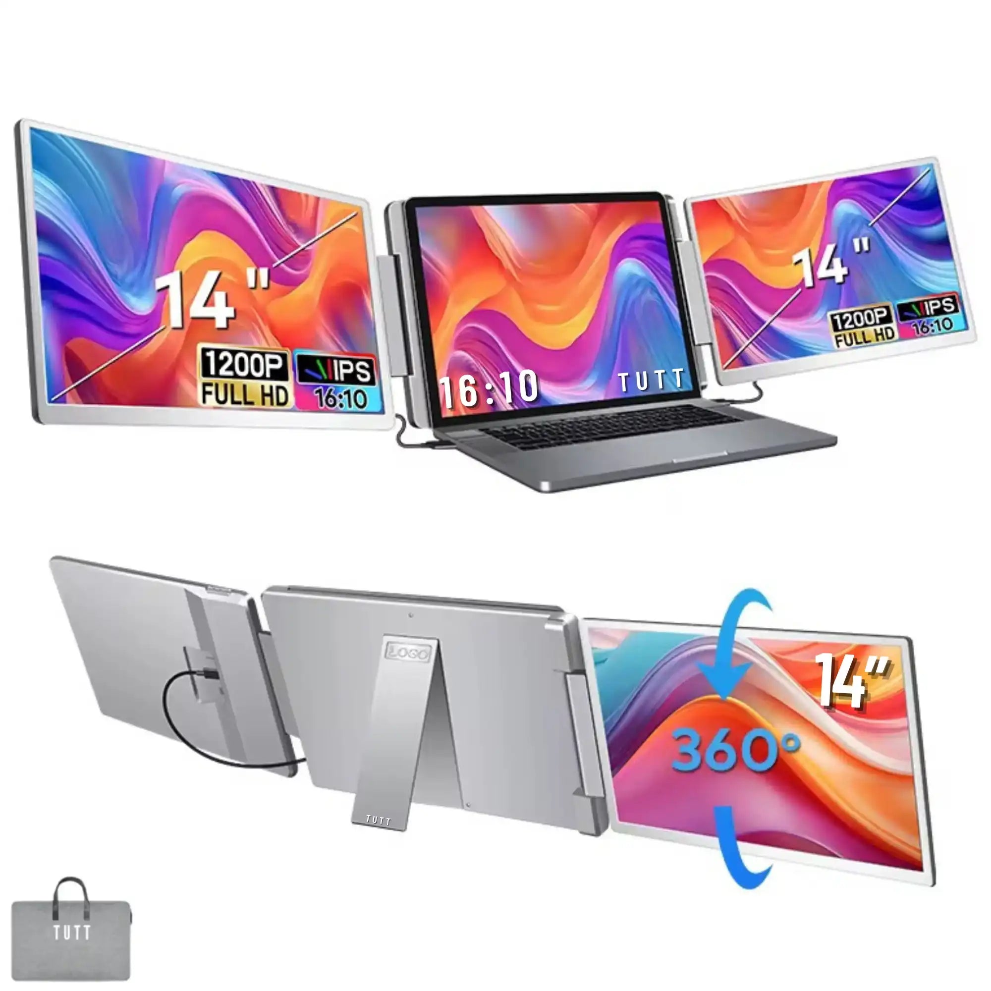 TUTT 14” Dual Portable Monitor | 16:10 Ratio FHD IPS Triple Screen Extender | Rotating Right Screen | Stand Alone | H5 Converter Cable | Windows, Mac OS S7