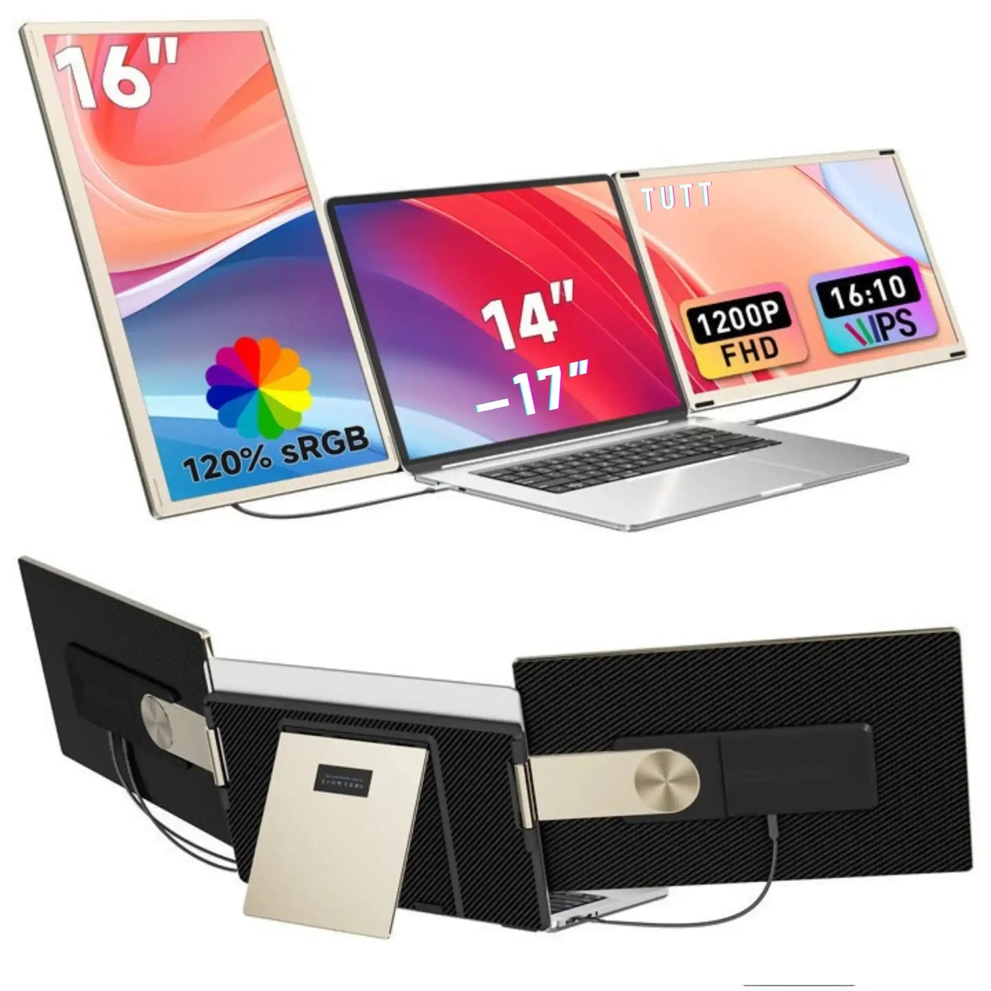 TUTT 16” FHD Portable Monitor 16:10 Aspect Ratio | Triple Laptop Screen Extender | USB-C/HDMI 7 Viewing Modes | All Devices Compatible with Converter Cable (H5 Included) S7 Pro