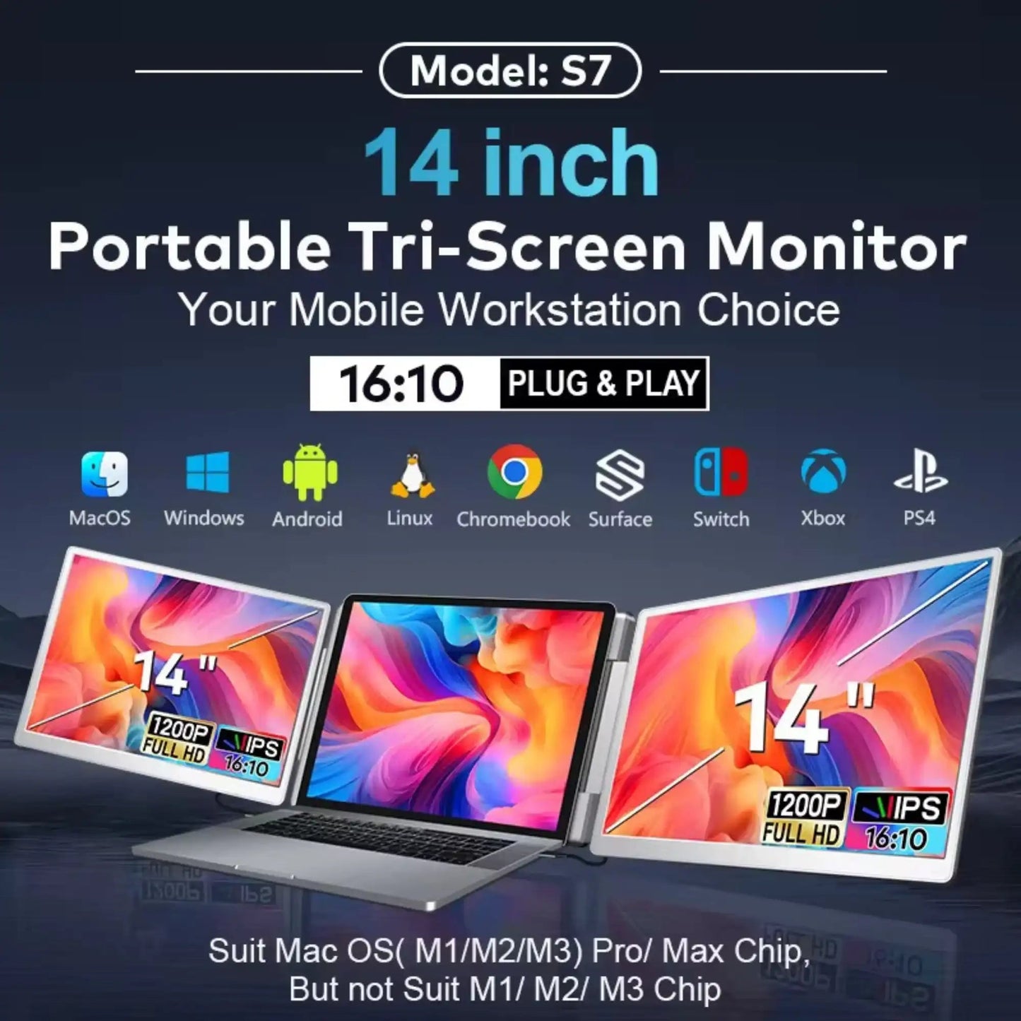 TUTT 14” Dual Portable Monitor | 16:10 Ratio FHD IPS Triple Screen Extender | Rotating Right Screen | Stand Alone | H5 Converter Cable | Windows, Mac OS S7