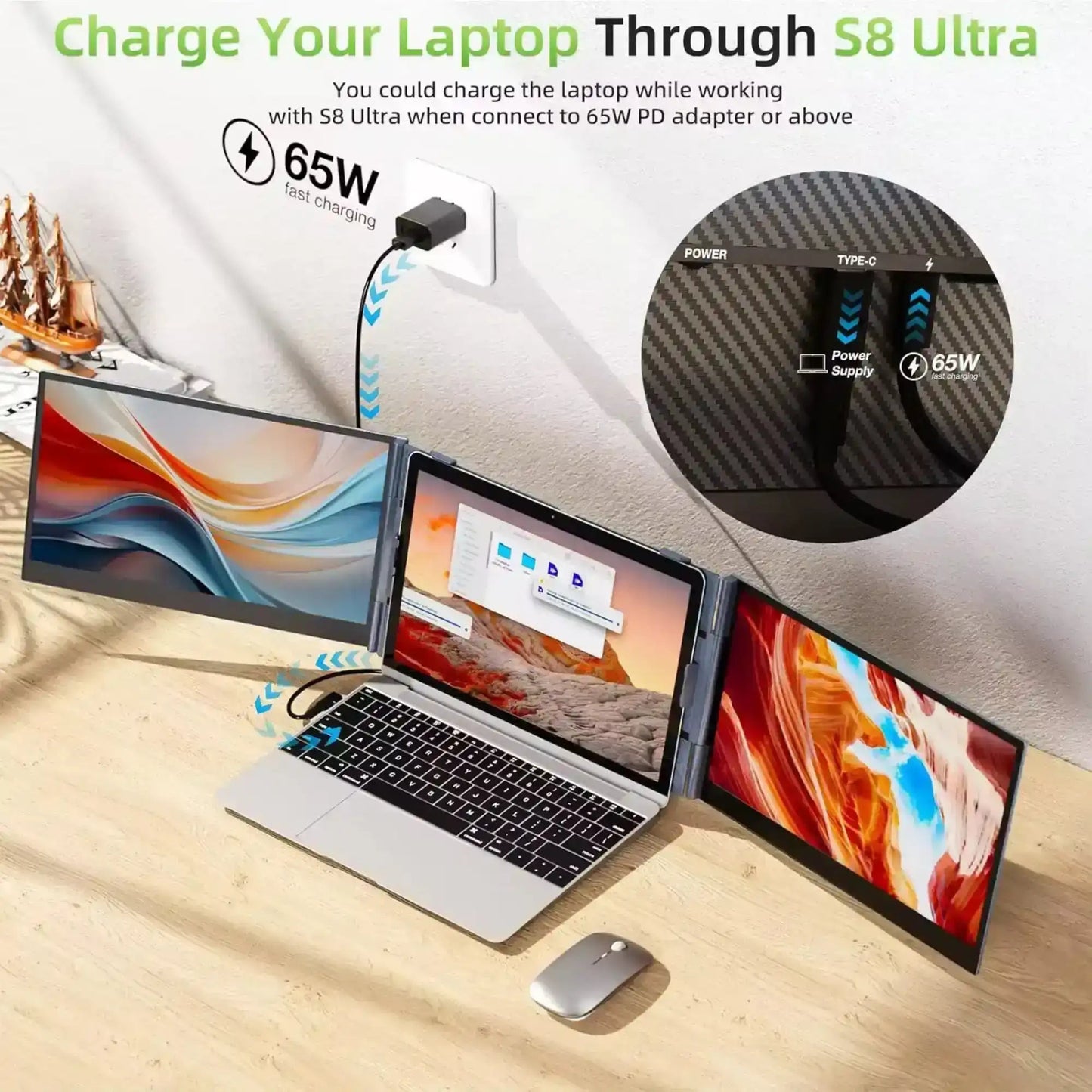 TUTT S8Ultra 14” Portable Monitor for Laptop | Single Cable Connection | Ultra Slim-Light | Plug & Play USB-C | Laptop Screen Extender for Mac/Win