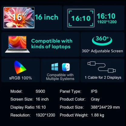 TUTT 16” Dual Screen Portable Monitor for Laptop | Single Cable Connection | 16:10 Ratio IPS, Stand-Alone Design | Windows, macOS, ChromeOS, Linux, and Android | S900