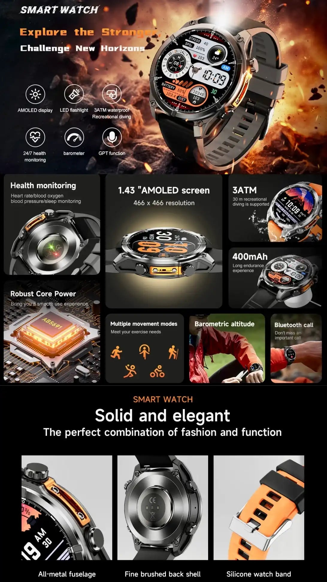 TUTT Tactical Smart Watch For Men | 1.43 Dial | Compass Flashlight Chat-GPT 3TAM Waterproof | Rugged Fitness and Health Tracker | H300 Smartwatch 400mAh Battery - www.Shopthatapp.com