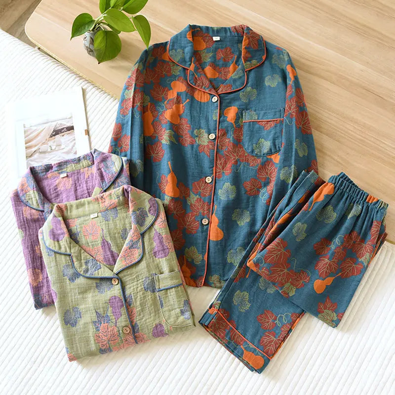 Thin Cotton Gauze Yarn-dyed Jacquard Pajamas Suit For Women - www.Shopthatapp.com